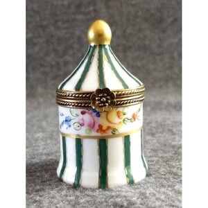 Limoges Peint Main Circus Tent Floral Trinket Box France Gold & Green Stripes